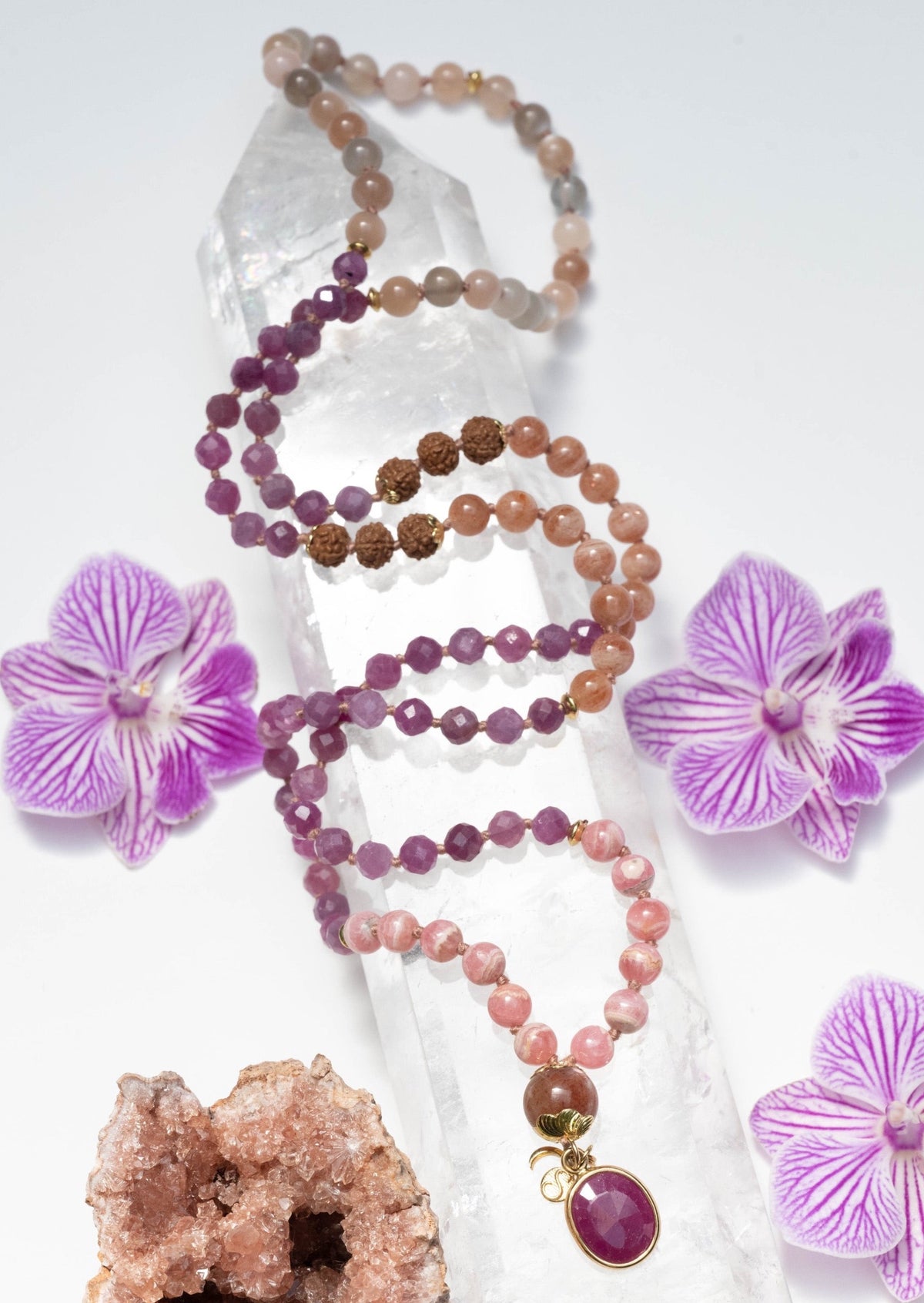 AMMA Woman of Light Ruby Mala with Rose Gold, Sunstone and Rhodochrosite.
