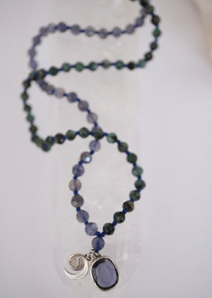 DEVAKA Divine, Celestial Mala | Emerald, Iolite & Rudraksha