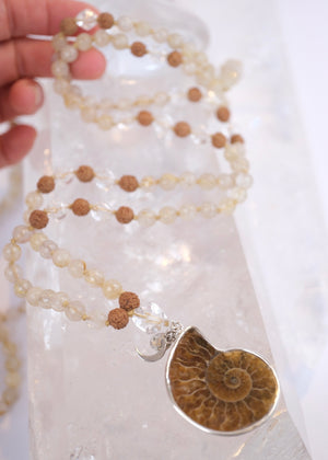 SAGE’s Mala | Ammonite, Gold in Quartz, Herkimer & Rudraksha