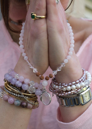 Rose Quartz and Labradorite Mala Beads with Rose Quartz Pendant set in Sterling Silver