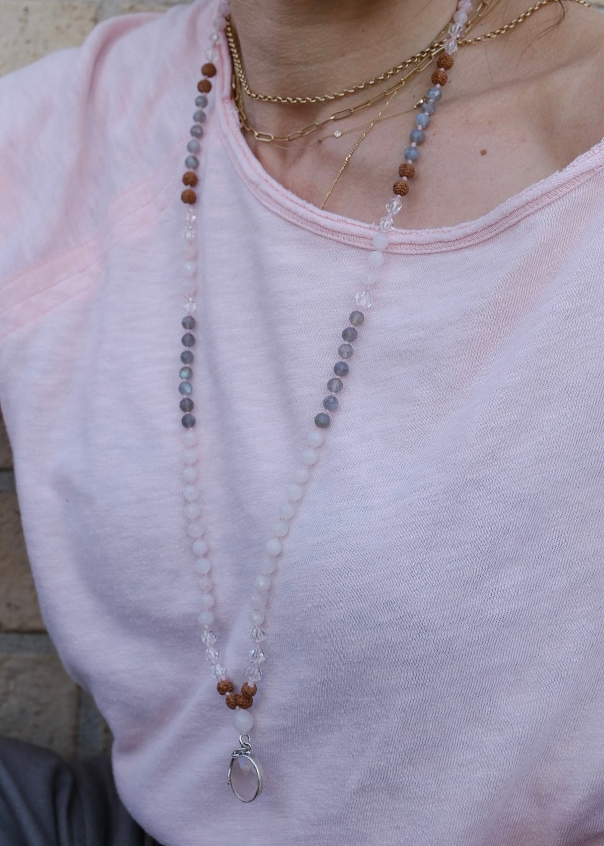 BODHIMATA 'The Mother of Awakening' Mala | Rose Quartz, Labradorite, Herkimer Quartz & Rudraksha