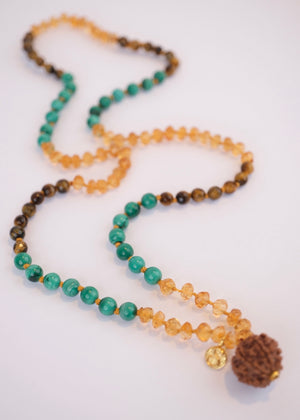 Abundance Mala | 7 Mukhi Rudraksha, rare hand cut finest Citrine, Malachite, Tigers Eye