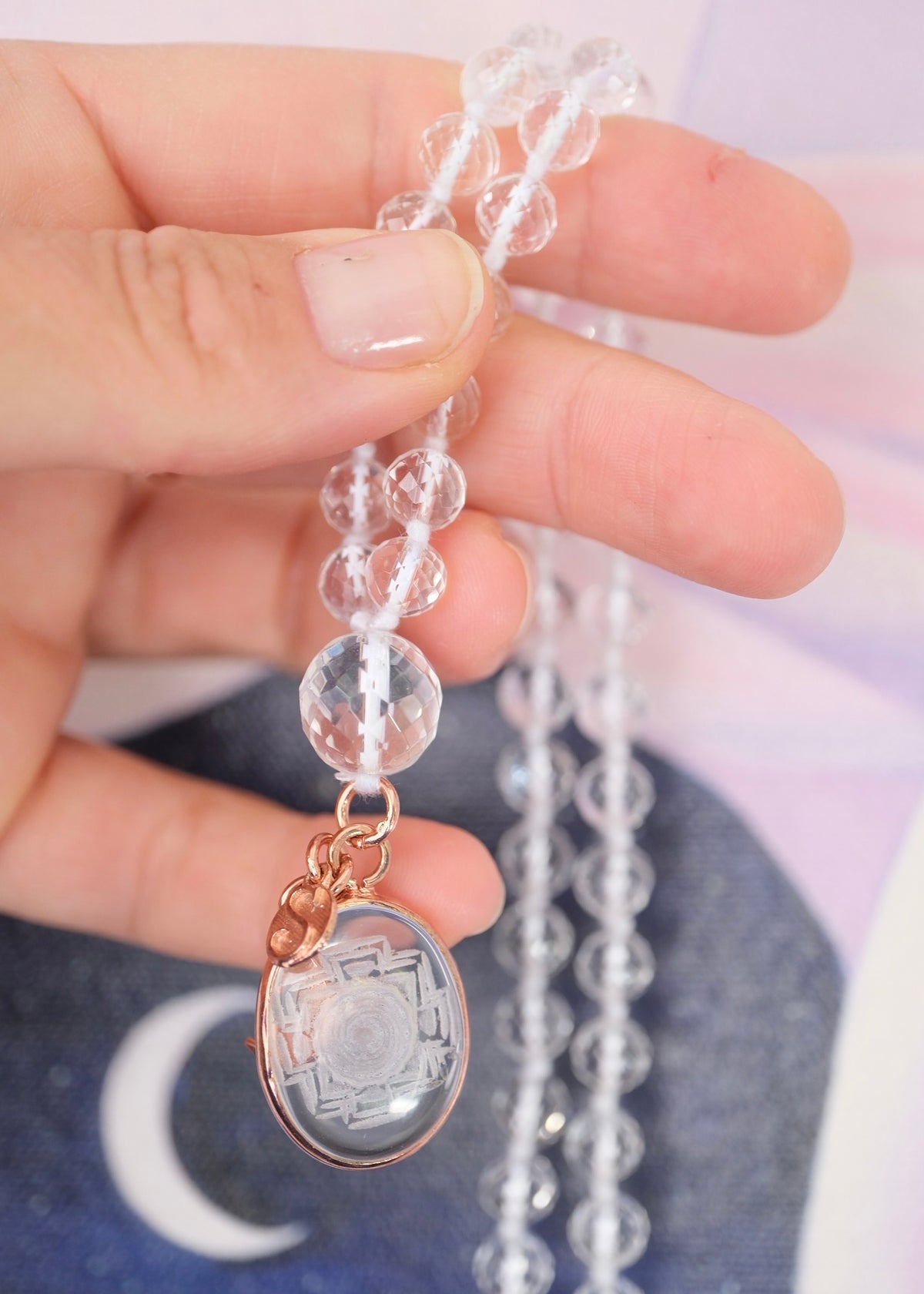 SRI DEVI SHAKTI Mala | Himalayan Clear Quartz (Sphatik), hand carved Sri Yantra