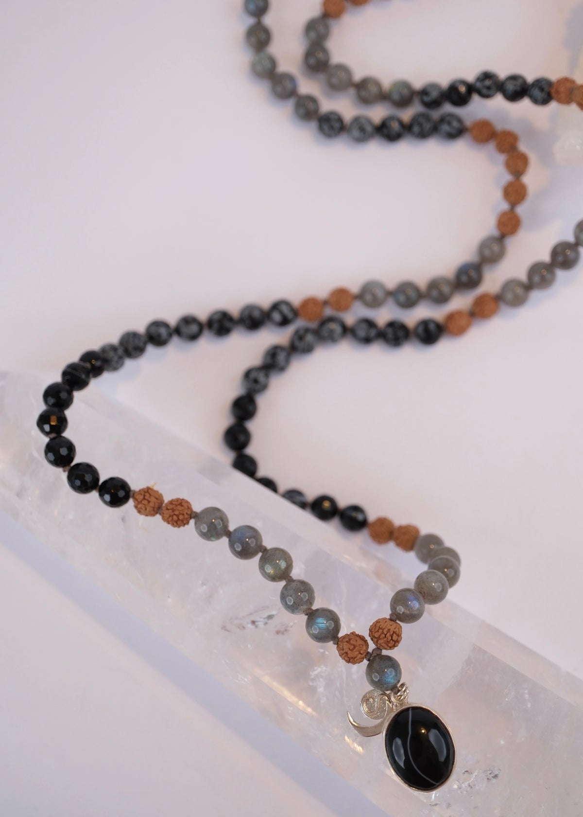 BABA Revered Mala | Labradorite, snow flake Jasper, Onyx & Rudraksha