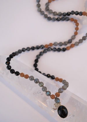 BABA Revered Mala | Labradorite, snow flake Jasper, Onyx & Rudraksha