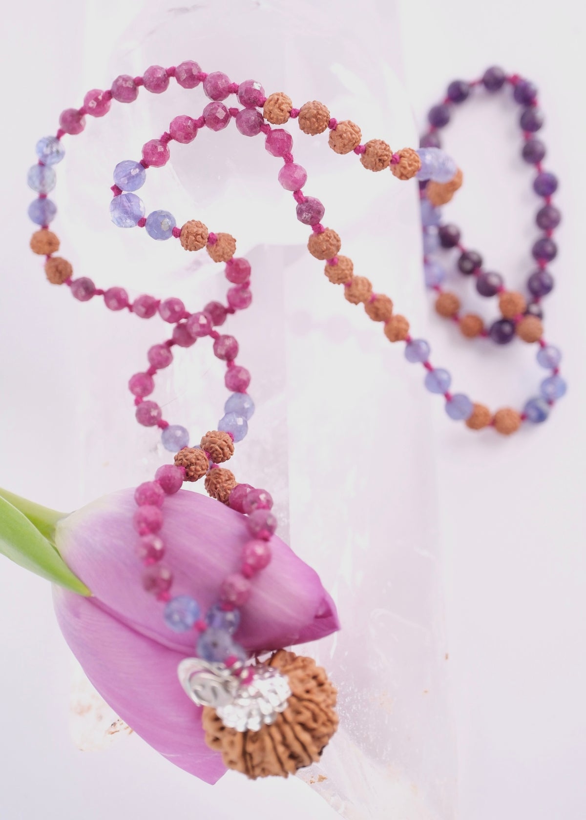 Durga warrior priestess mala with faceted ruby, tanzanite, amethyst and nine mukhi Rudraksha