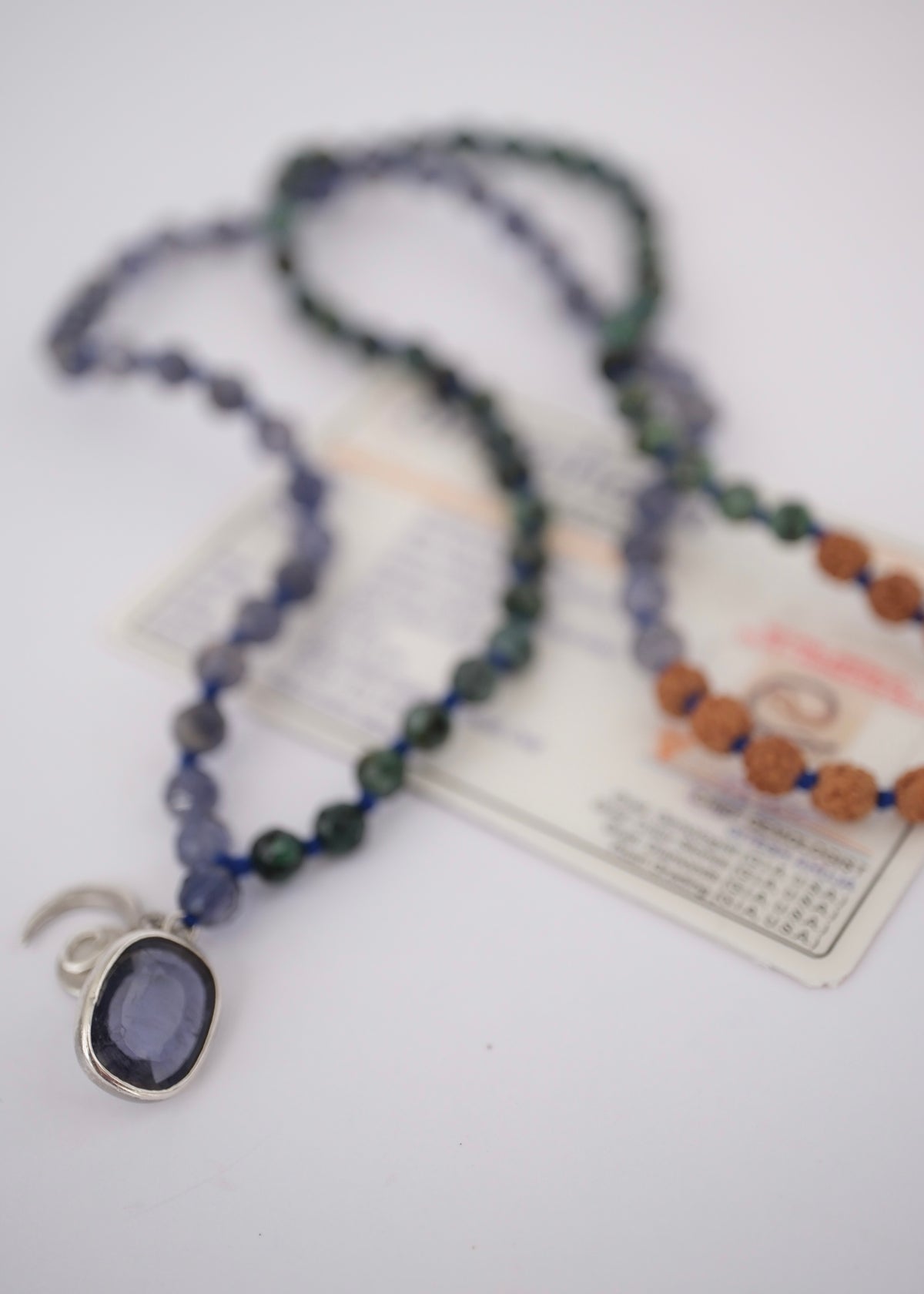 DEVAKA Divine, Celestial Mala | Emerald, Iolite & Rudraksha
