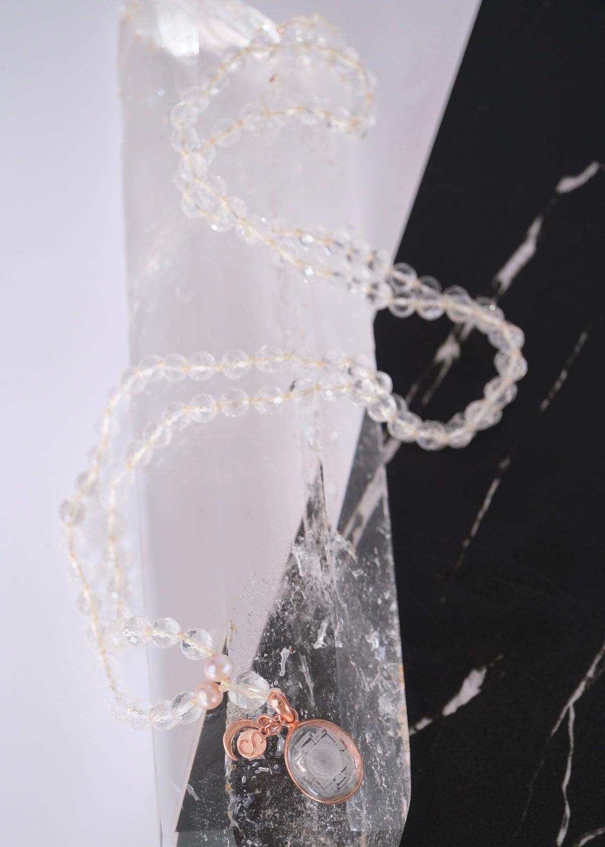 SHAKTI ‘The Mala of Pure Energy & Light’ | Himalayan Clear Quartz, Sri Yantra, Pink Pearls