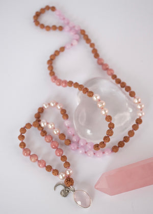 PARVATI ‘The Divine Feminine Mala’ | Pink Pearl, Kunzite, Thulite, Rose Quartz, Rudraksha