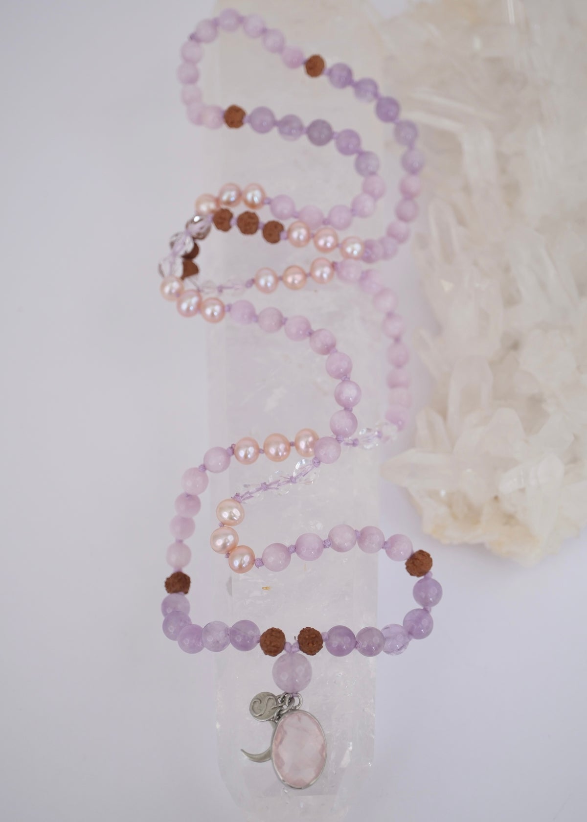 FULL MOON Mala | Pink Akoya Pearl, Kunzite, Lavender Amethyst, Rose Quartz Pendant & Rudraksha