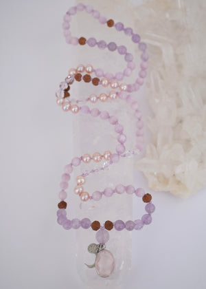 FULL MOON Mala | Pink Akoya Pearl, Kunzite, Lavender Amethyst, Rose Quartz Pendant & Rudraksha