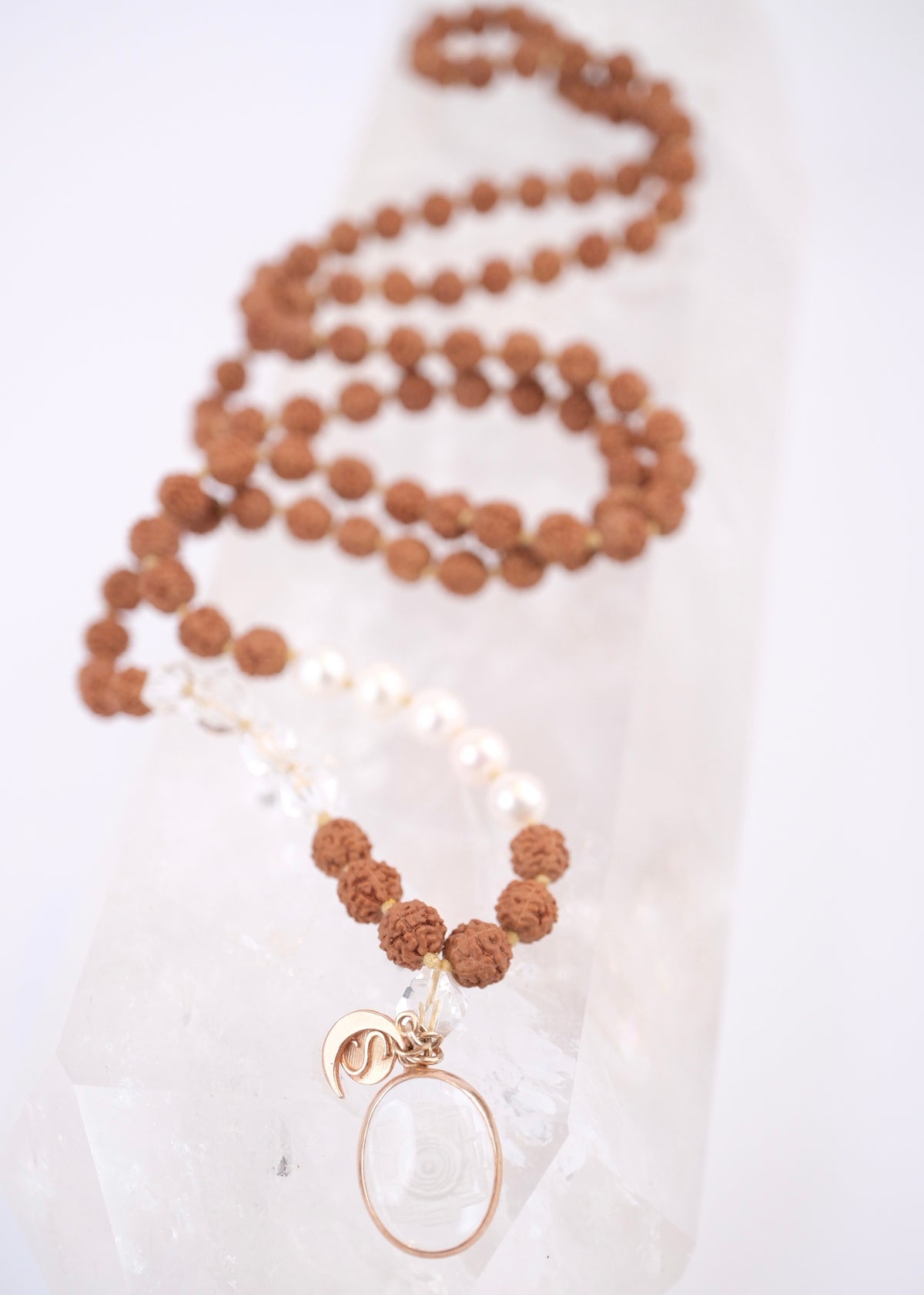 DEVI of HIMALAYA | Rudraksha with Sri Yantra Pendant, Pearl &amp; Herkimer Quartz Diamond | For the Ultimate Spiritual Tool