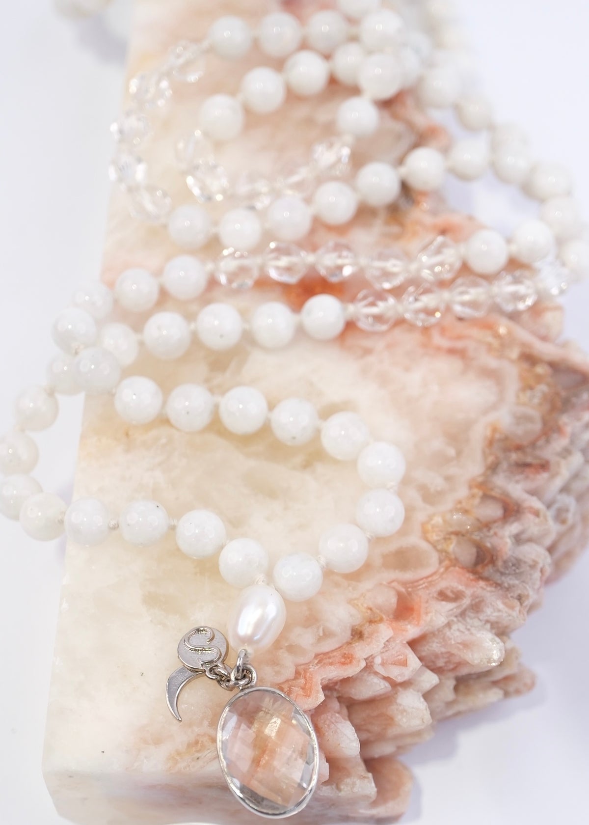 WHITE TARA Mala | with Moonstone, Pearl, Herkimer &amp; Quartz