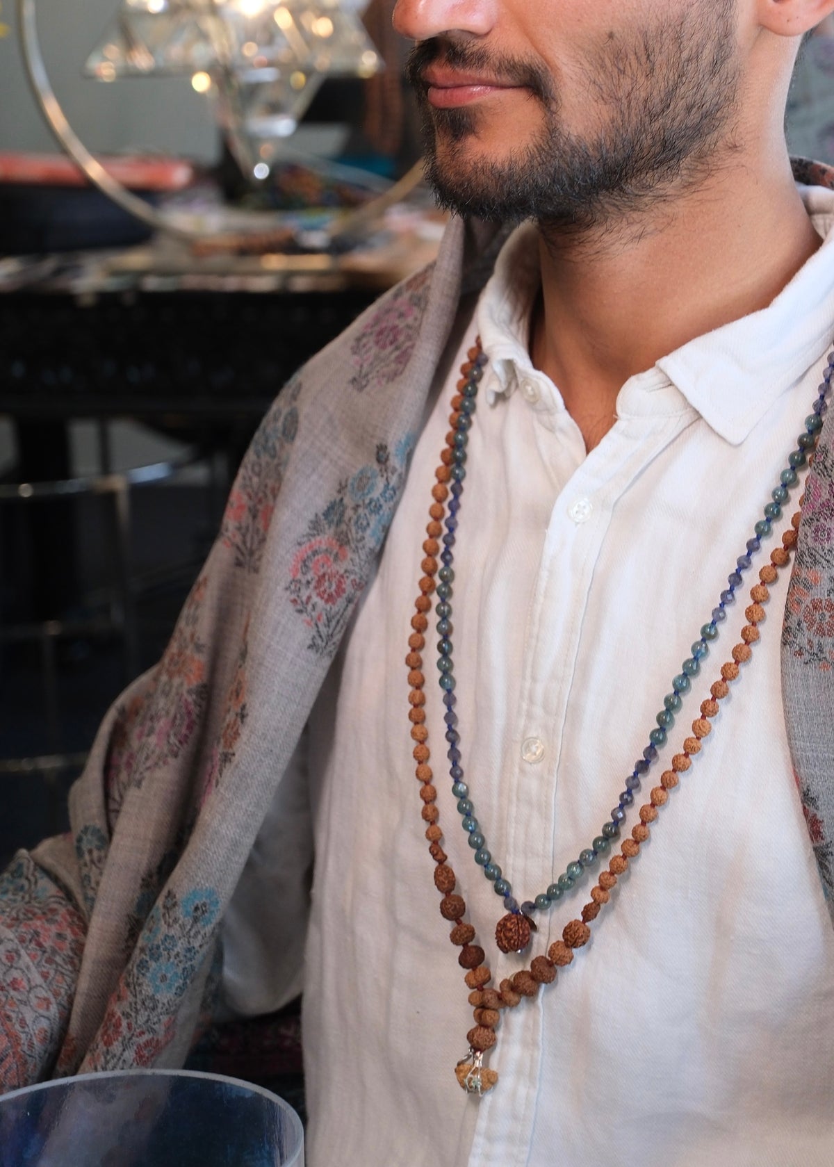 BHAGIRATHI Sacred Path Mala | Rare Green Apatite, Iolite, Nepal Ganesh Rudraksha