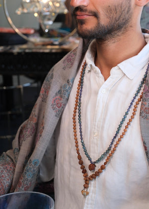 BHAGIRATHI Sacred Path Mala | Rare Green Apatite, Iolite, Nepal Ganesh Rudraksha