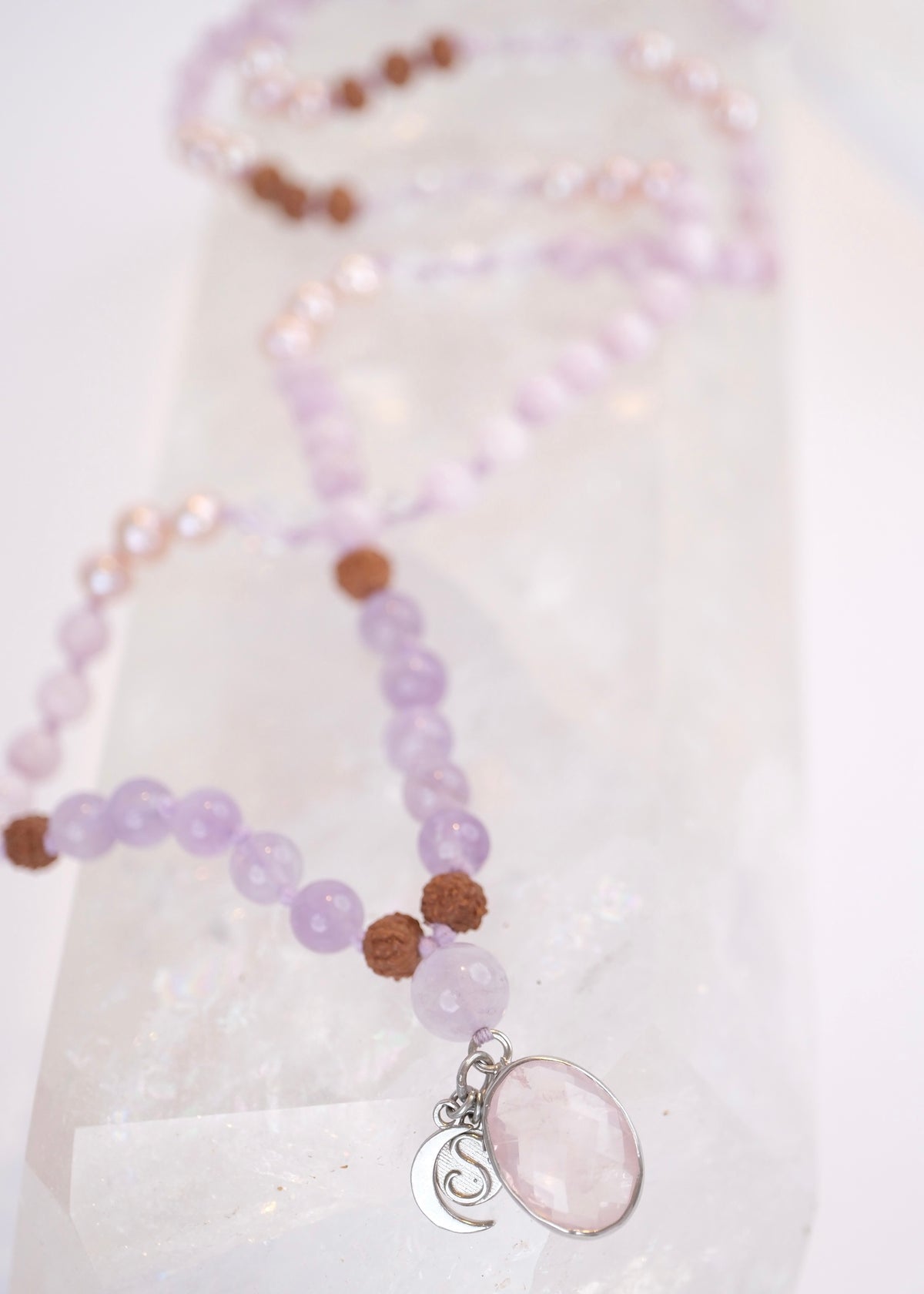 FULL MOON Mala | Pink Akoya Pearl, Kunzite, Lavender Amethyst, Rose Quartz Pendant & Rudraksha