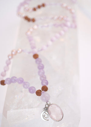 FULL MOON Mala | Pink Akoya Pearl, Kunzite, Lavender Amethyst, Rose Quartz Pendant & Rudraksha