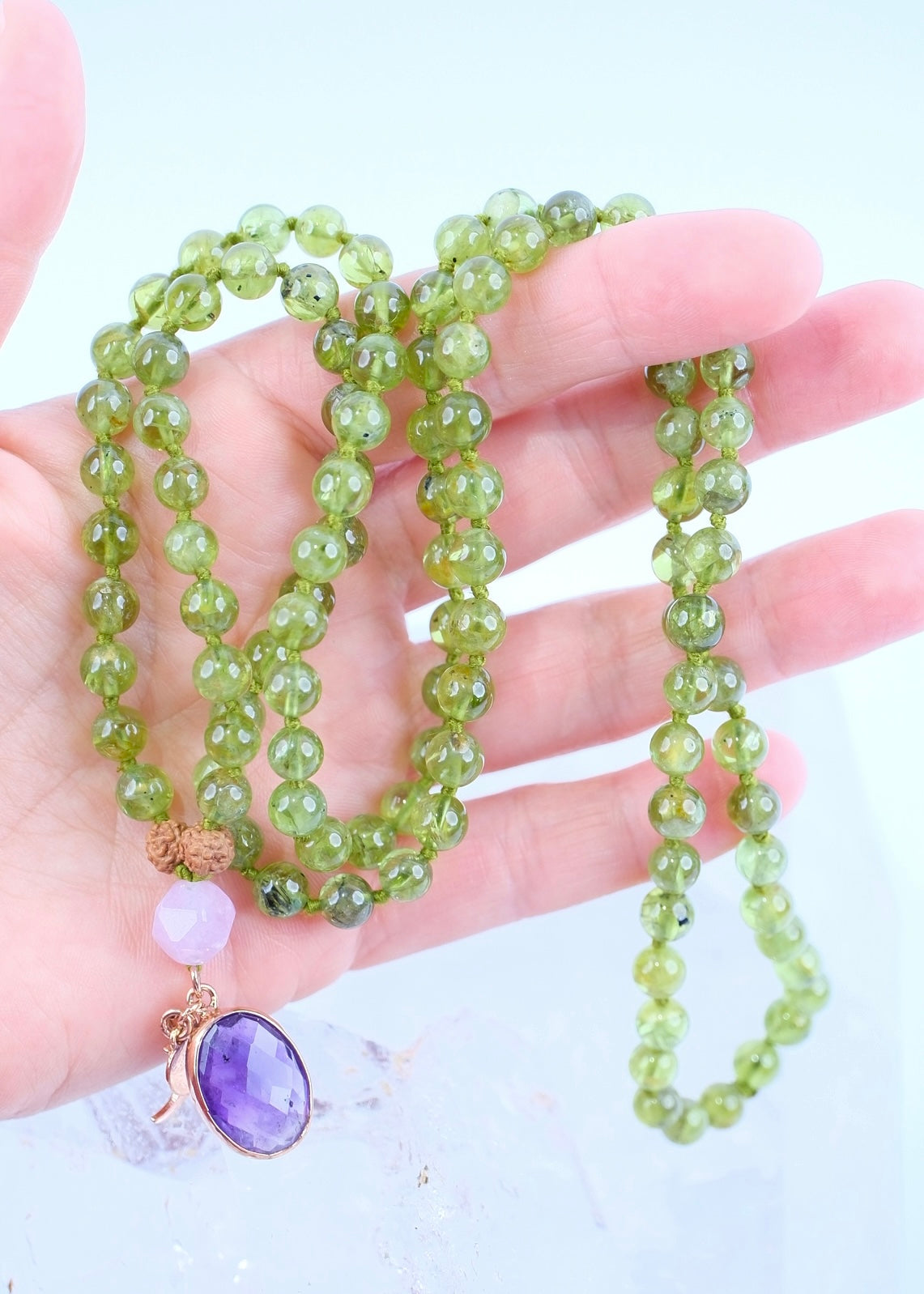 BHUVANESHWARI Protection, Preservation, Deliverance Mala | Peridot, Herkimer Amethyst, Amethyst Pendant