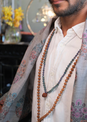 BHAGIRATHI Sacred Path Mala | Rare Green Apatite, Iolite, Nepal Ganesh Rudraksha