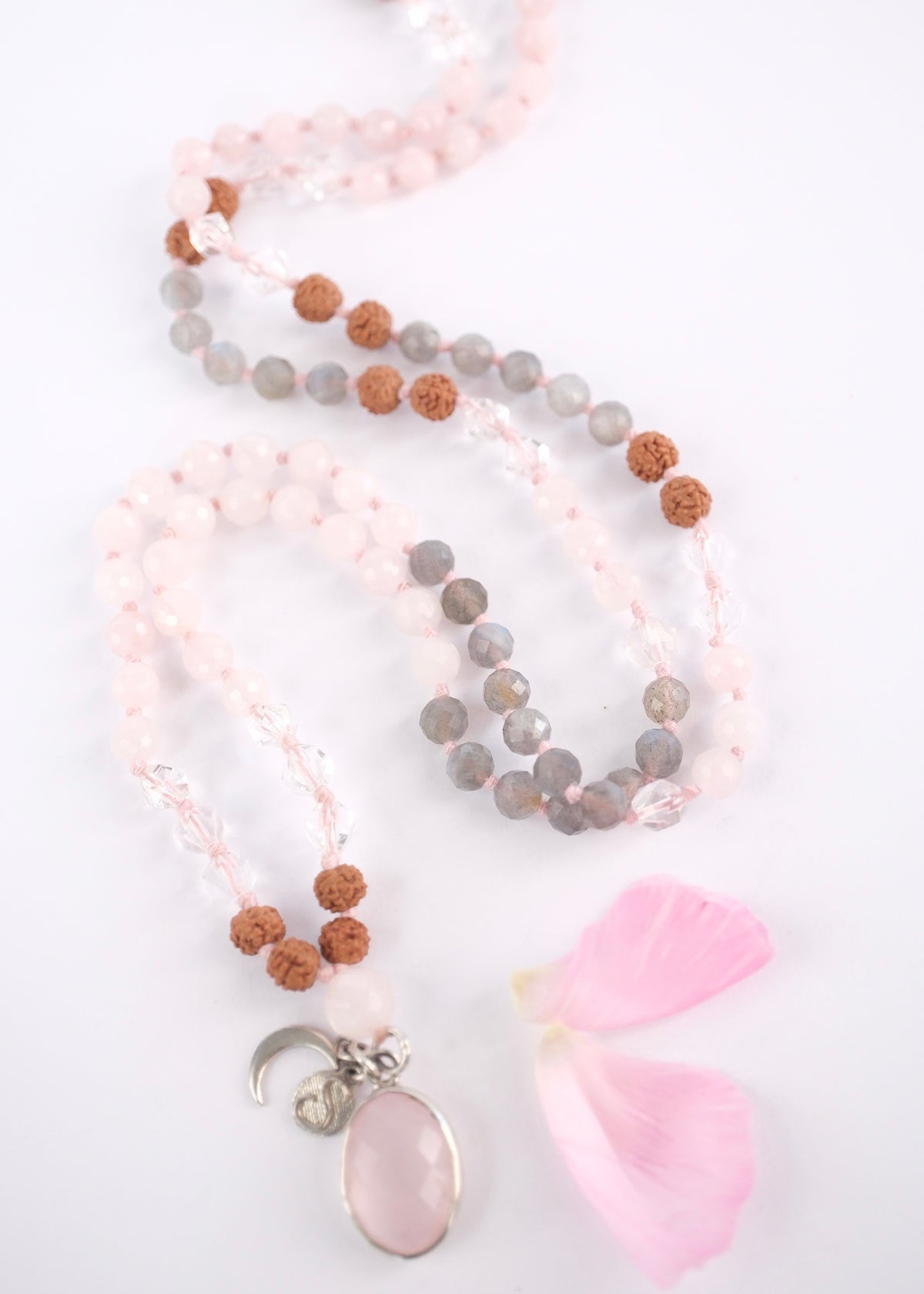 Rose Quartz and Labradorite Mala Beads with Rose Quartz Pendant set in Sterling Silver