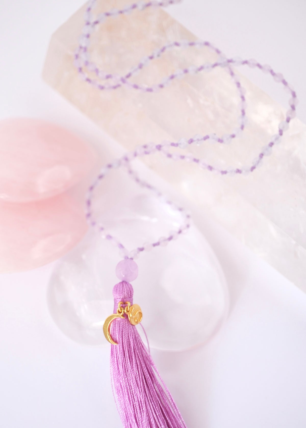 AGYA INTUITION Mala | Lavender Quartz, Aquamarine &amp; Rare Herkimer Amethyst
