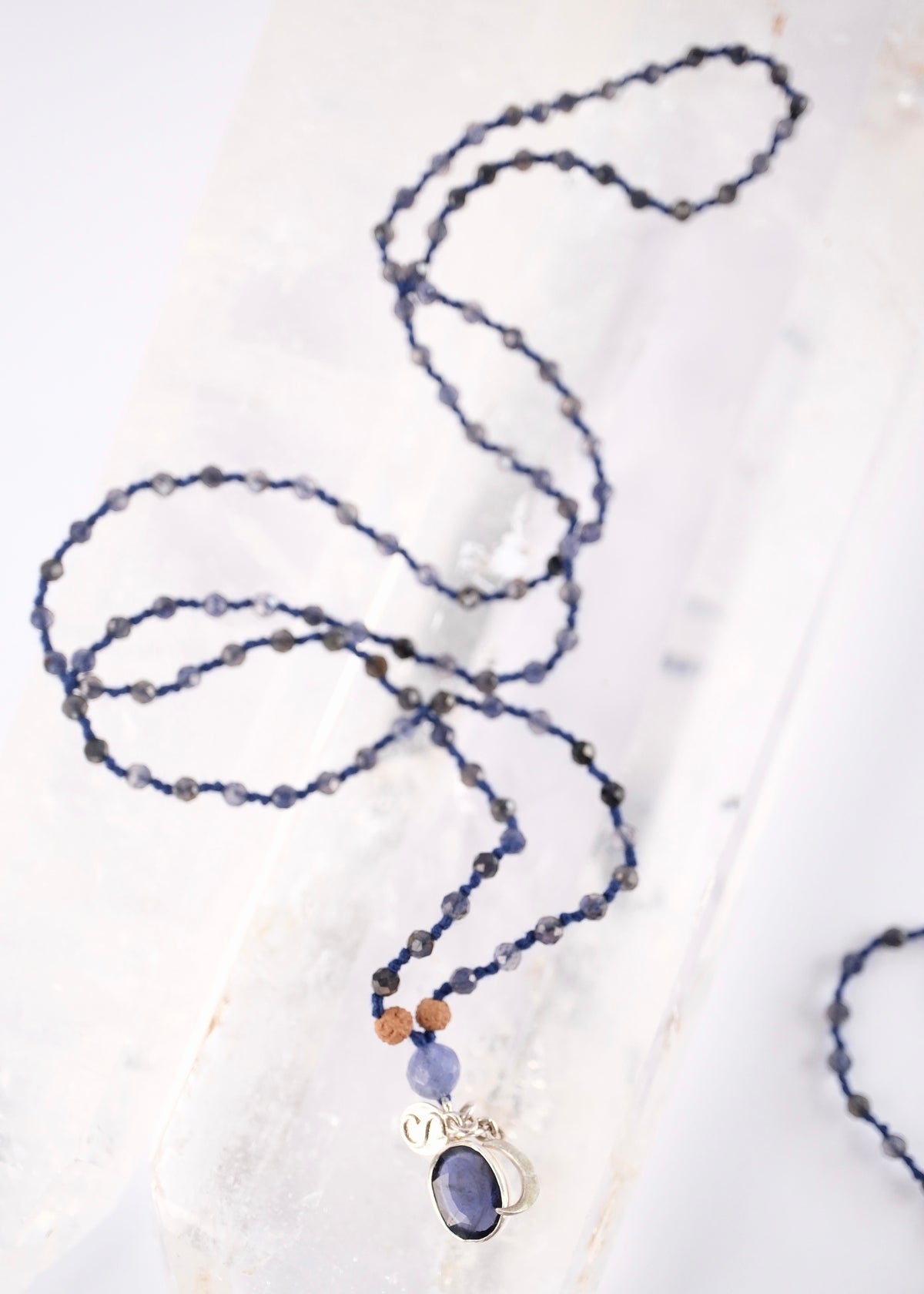 Iolite mala beads with iolite pendant