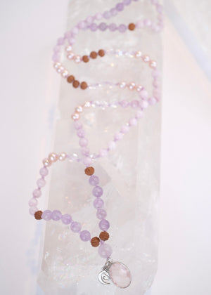 FULL MOON Mala | Pink Akoya Pearl, Kunzite, Lavender Amethyst, Rose Quartz Pendant & Rudraksha