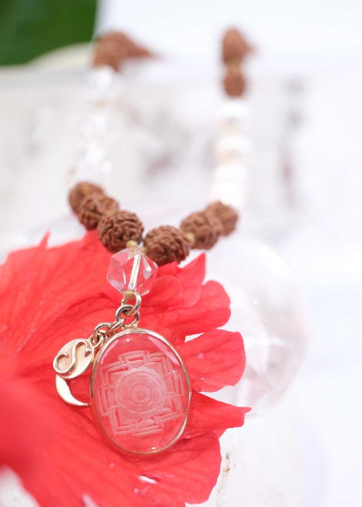 DEVI of HIMALAYA | Rudraksha with Sri Yantra Pendant, Pearl &amp; Herkimer Quartz Diamond | For the Ultimate Spiritual Tool