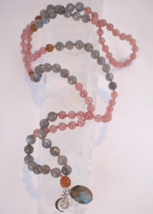 RISHI The Wise Ones Mala | Rare Strawberry Quartz, Labradorite & Rudraksha