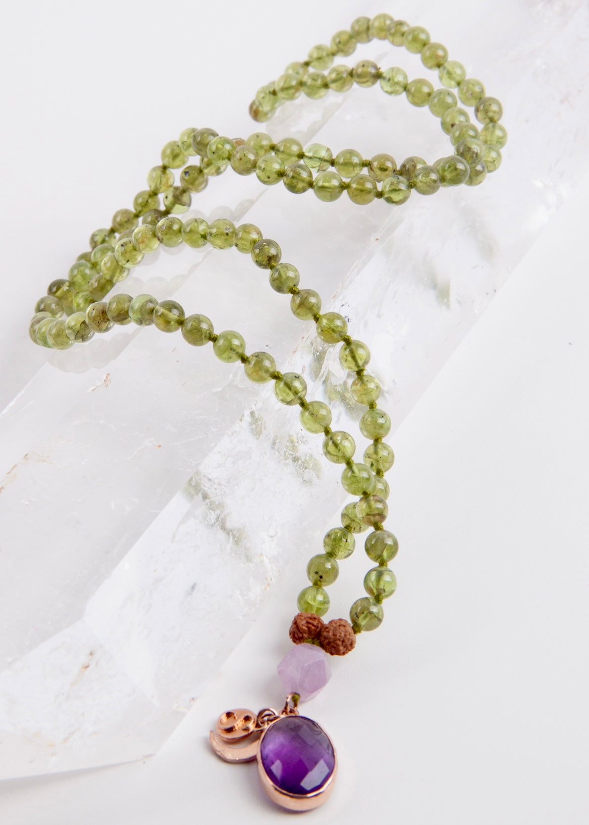 BHUVANESHWARI Protection, Preservation, Deliverance Mala | Peridot, Herkimer Amethyst, Amethyst Pendant