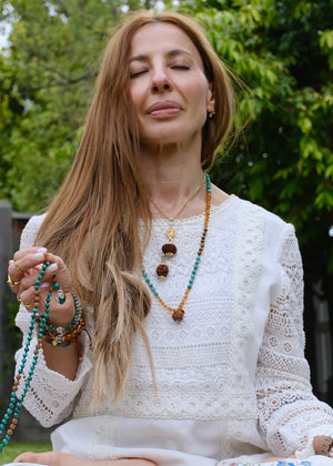 Abundance Mala | 7 Mukhi Rudraksha, rare hand cut finest Citrine, Malachite, Tigers Eye