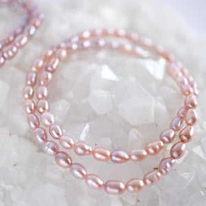 . Grace of the Moon bracelet of lustrous Akoya pearls in soft pink, lilac, and apricot hues