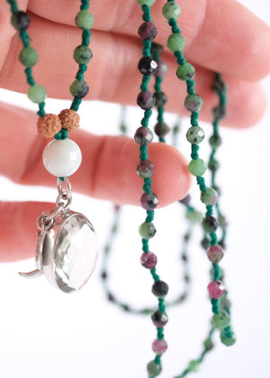 green ruby zoisite mala with green quartz and jade