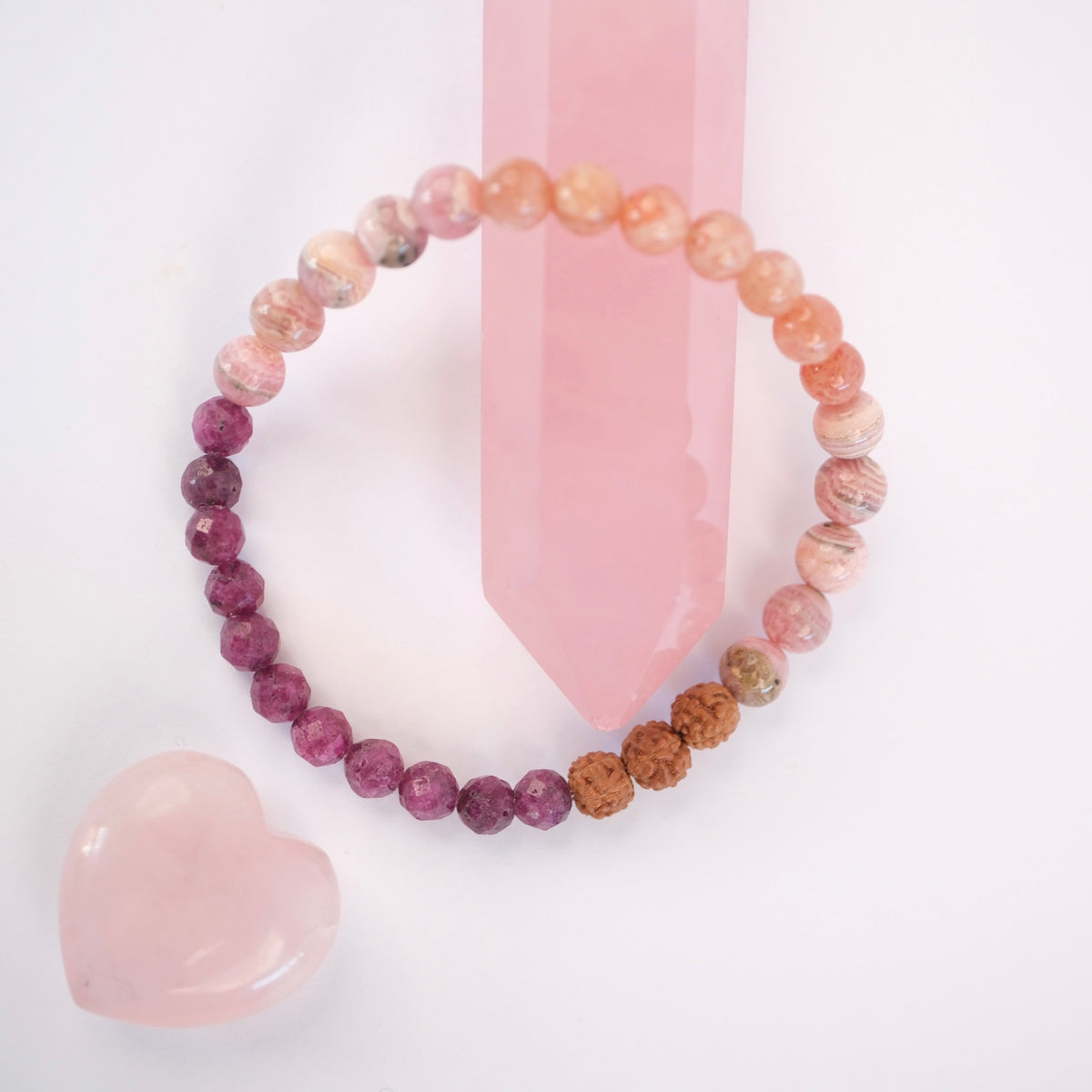DEVI MA Sovereign Heart of the Divine Woman | Ruby, Sunstone, Rhodochrosite & Rudraksha Bracelet