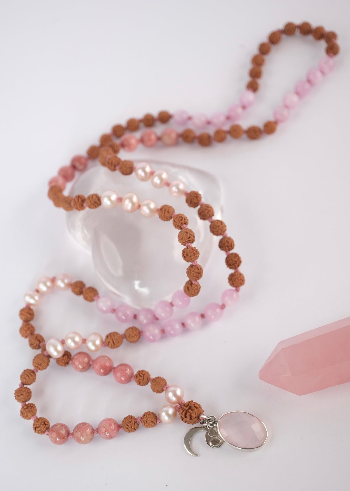 PARVATI ‘The Divine Feminine Mala’ | Pink Pearl, Kunzite, Thulite, Rose Quartz, Rudraksha