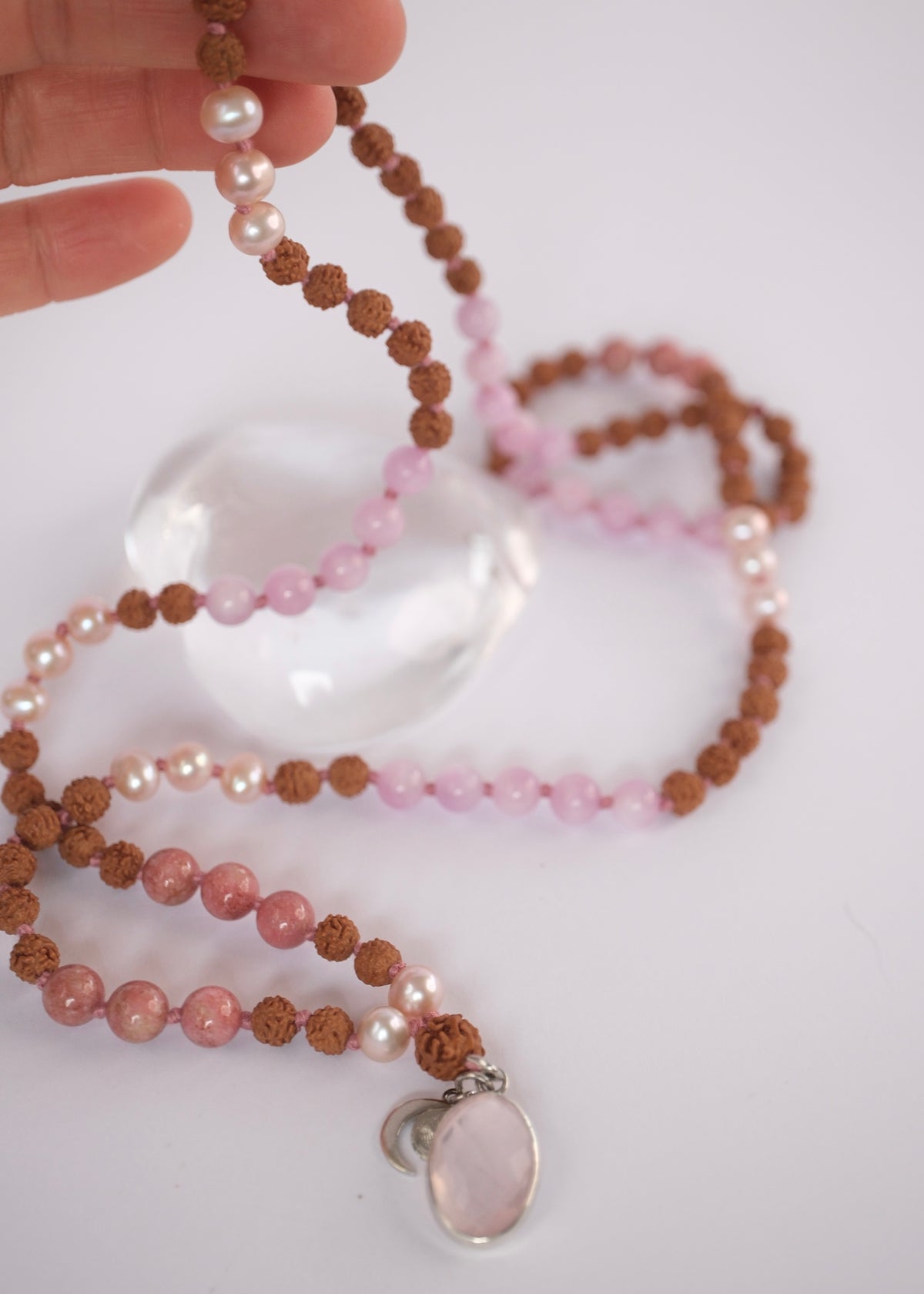 Parvati mala with thulite, kunzite, pink Akoya pearls and double sided rose quartz pendant