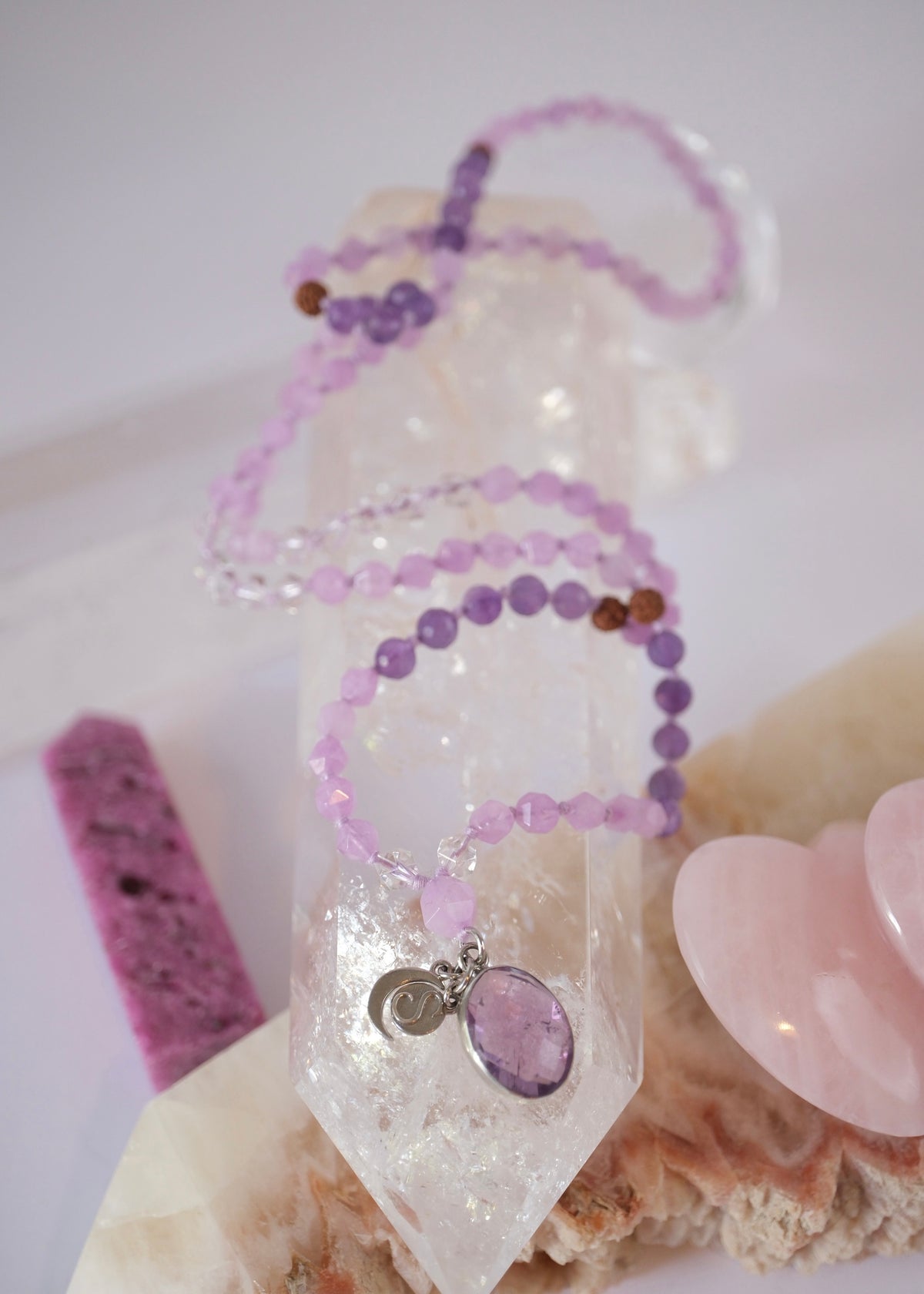  Lavender Amethyst Herkimer Quartz Mala