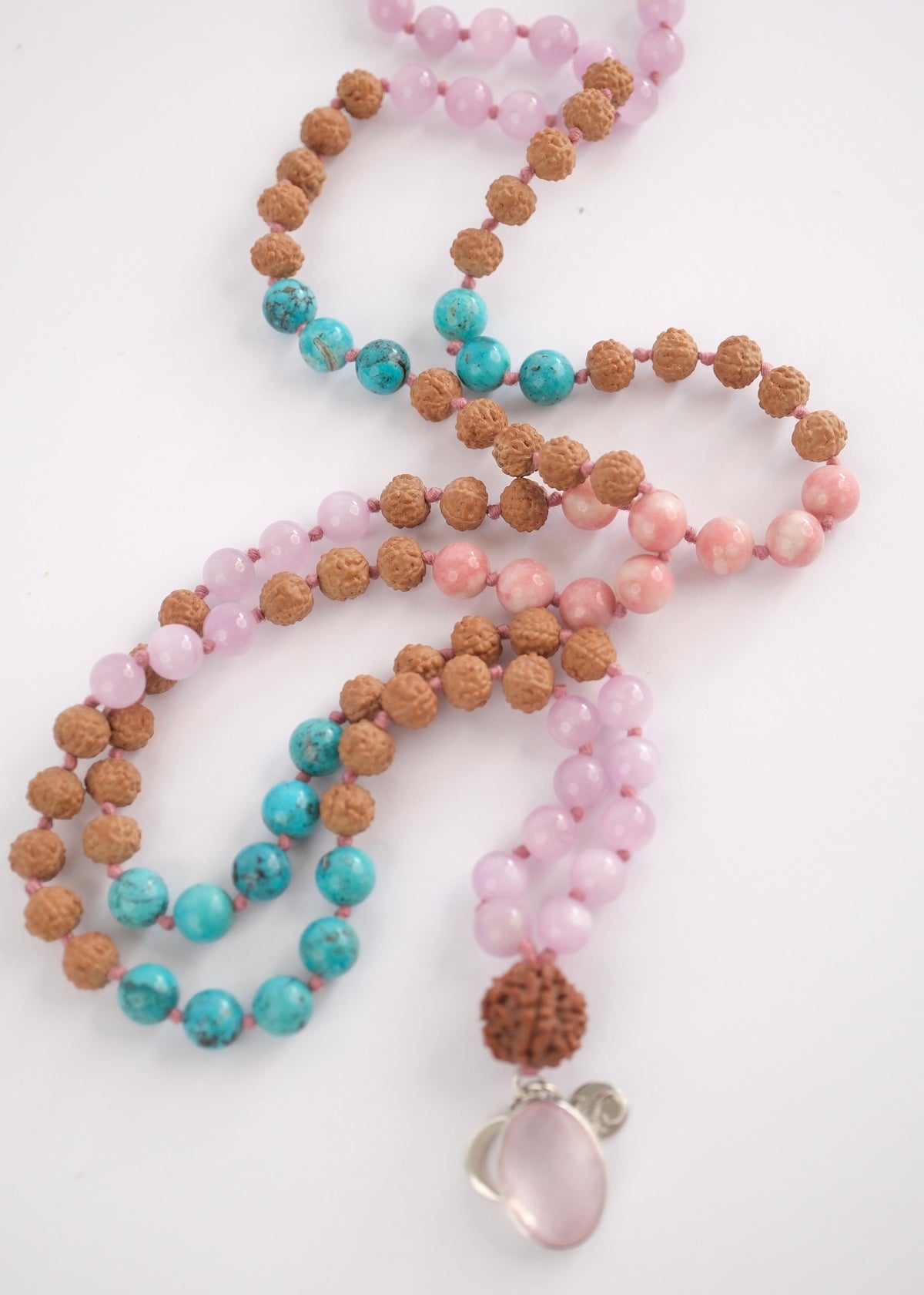 Adi Parashakti goddess mala with kunzite, thulite, turquoise beads and rose quartz pendant  Tags: