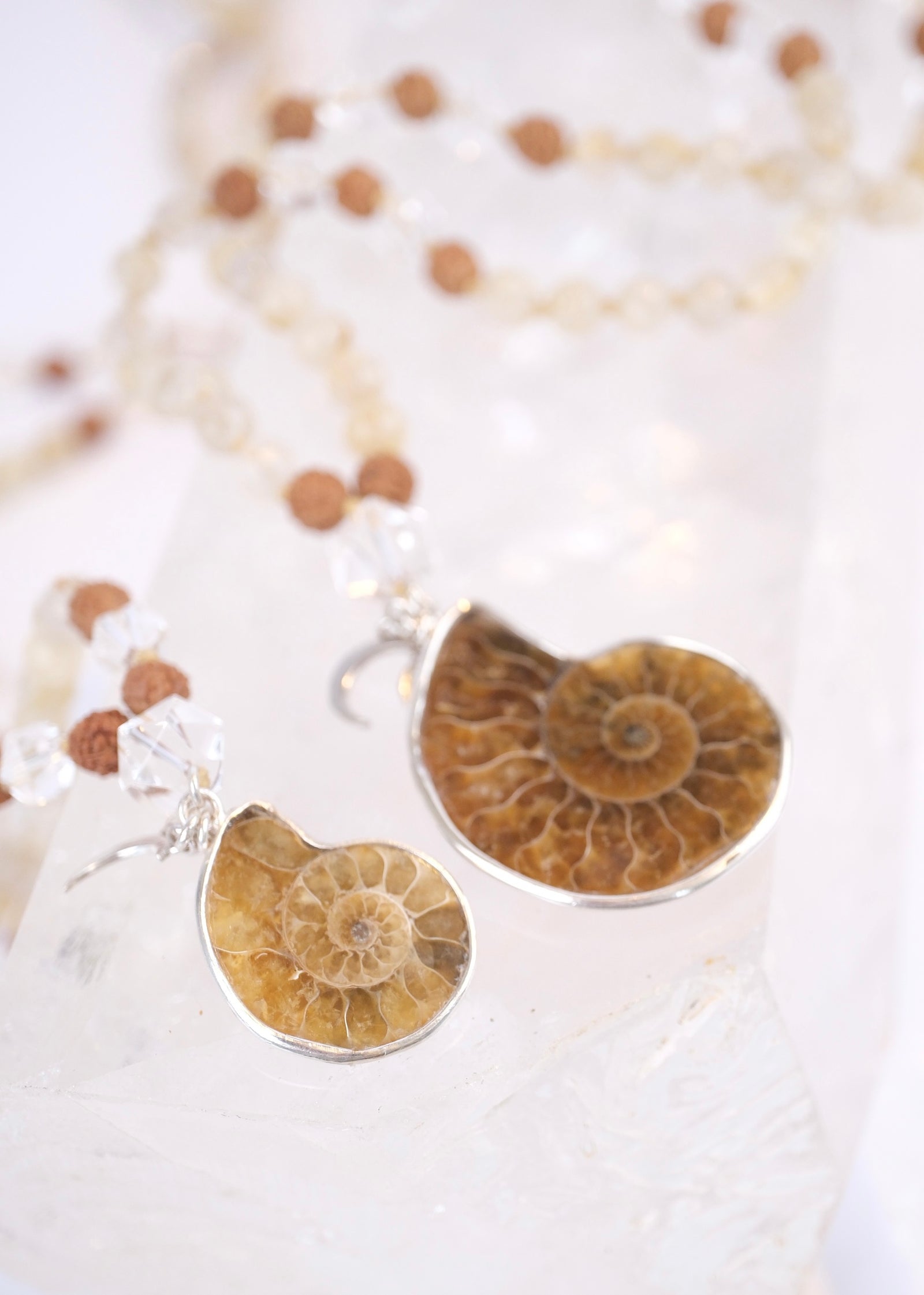 SAGE’s Mala | Ammonite, Gold in Quartz, Herkimer & Rudraksha