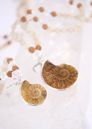 SAGE’s Mala | Ammonite, Gold in Quartz, Herkimer & Rudraksha
