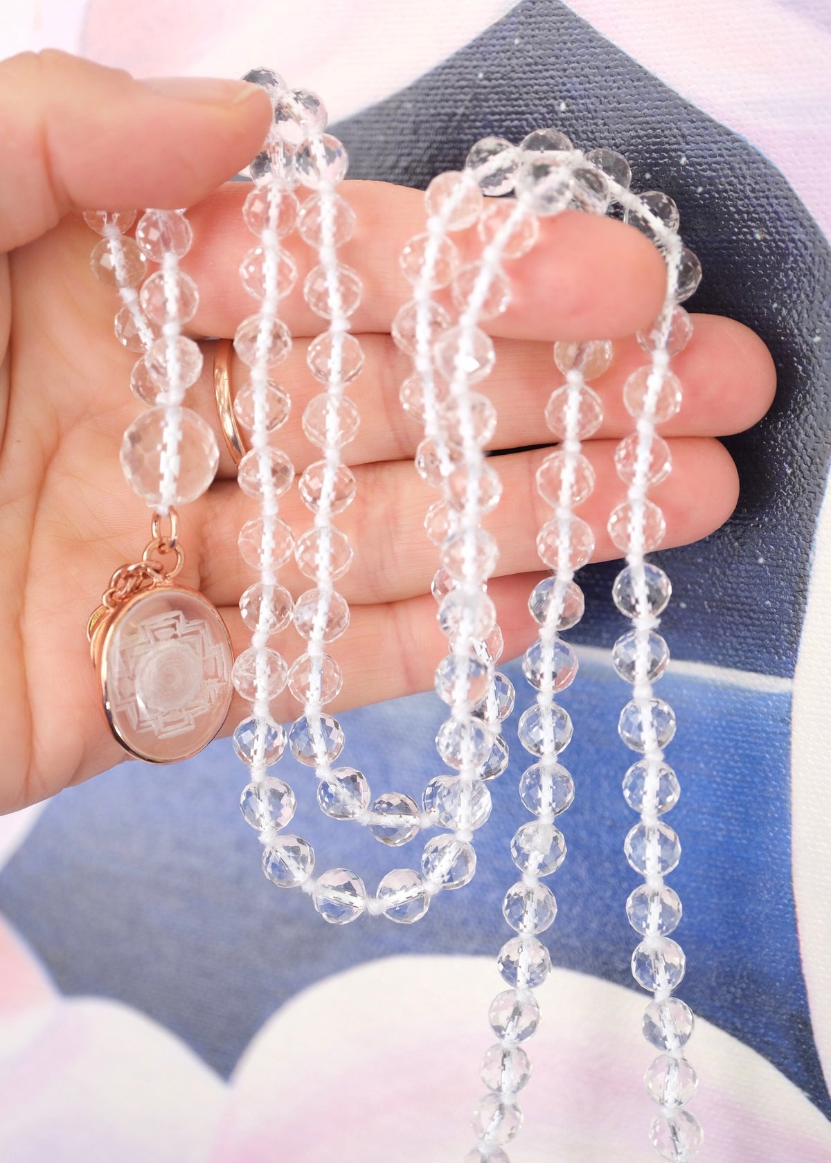 SRI DEVI SHAKTI Mala | Himalayan Clear Quartz (Sphatik), hand carved Sri Yantra