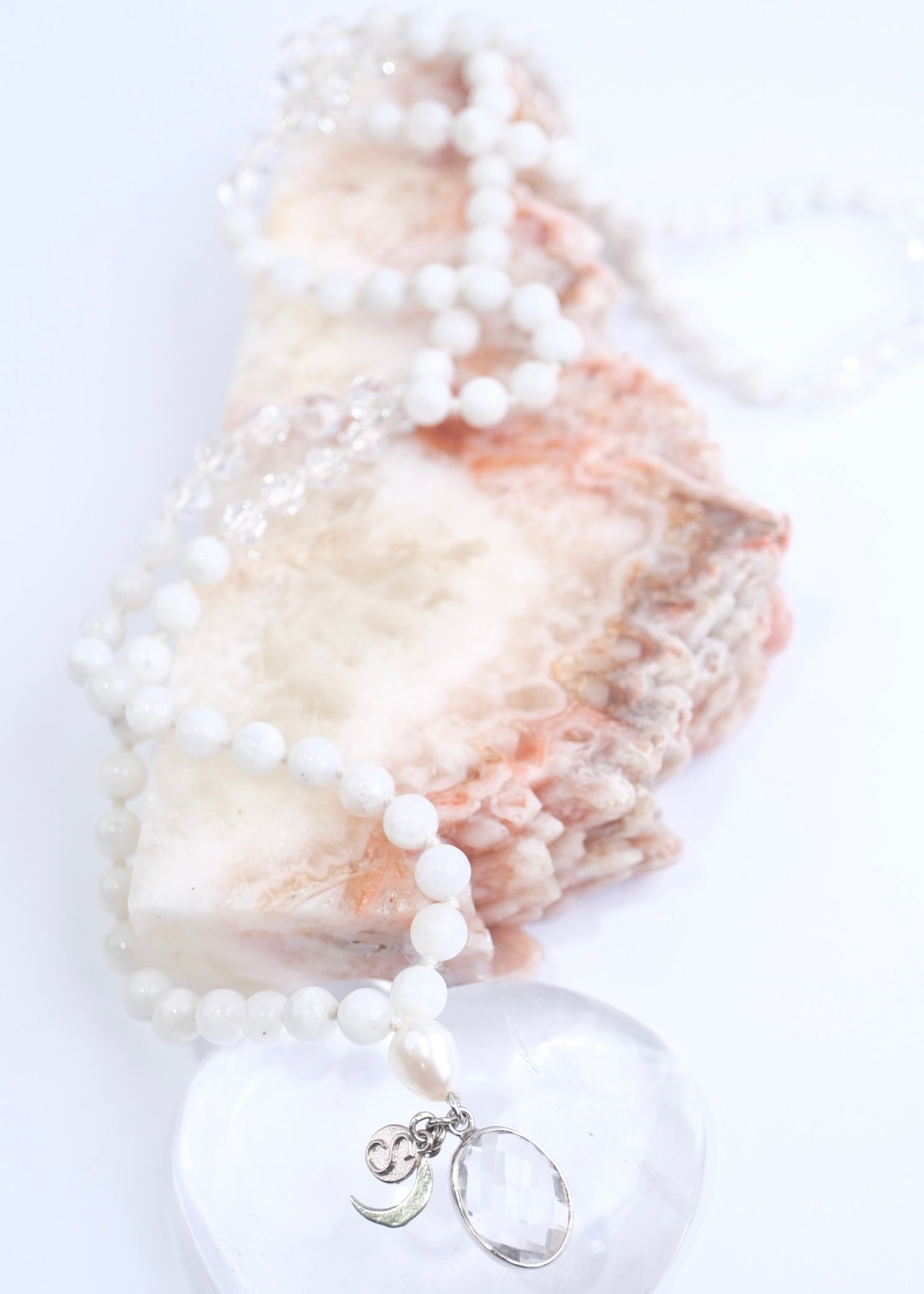 WHITE TARA Mala | with Moonstone, Pearl, Herkimer & Quartz