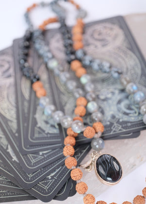 BABAJI Revered Mala | Labradorite, snow flake Jasper, Onyx & Rudraksha
