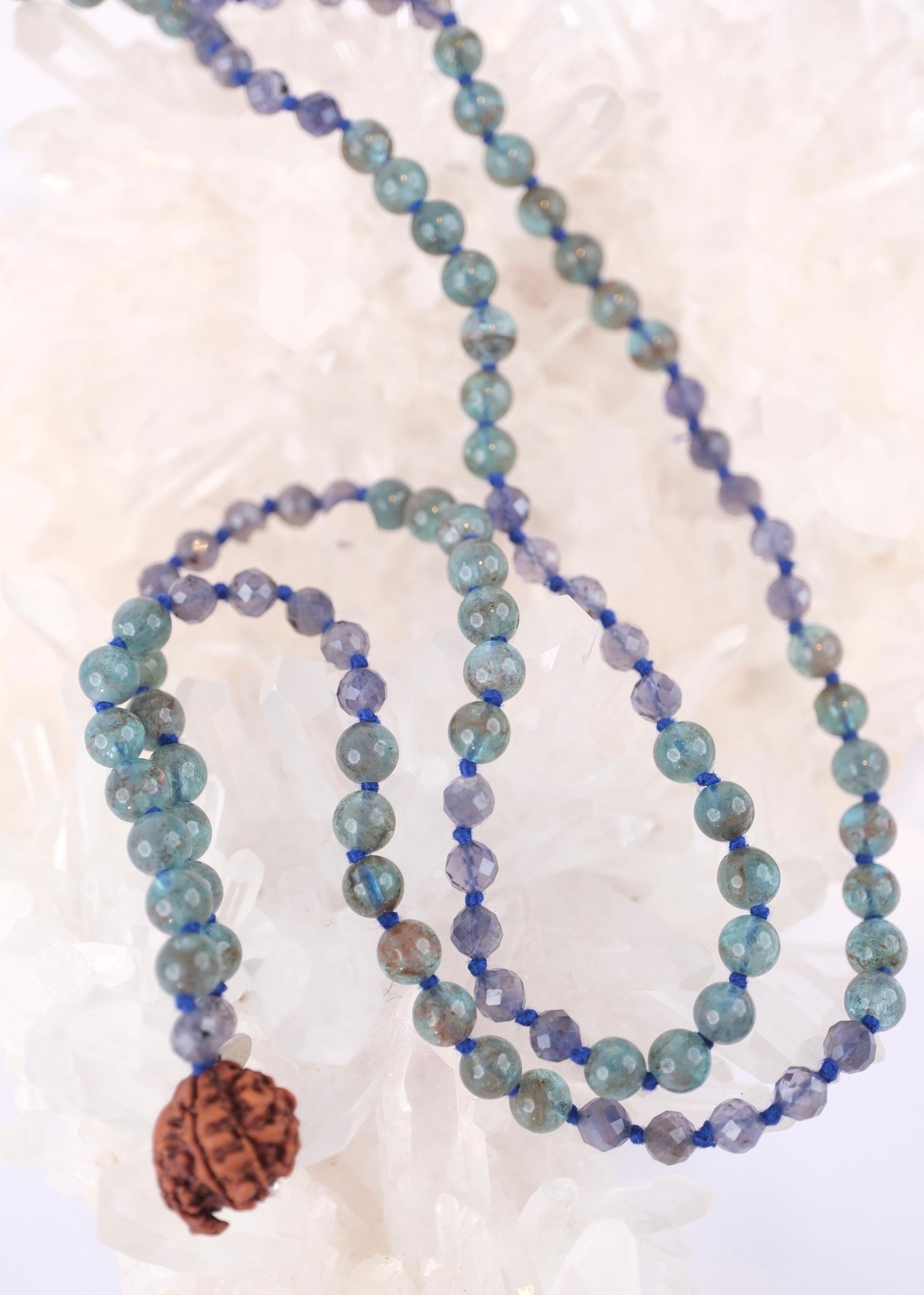 DHARMIK Sacred path mala | Rare Green Apatite, Iolite, Nepal Ganesh Rudraksha