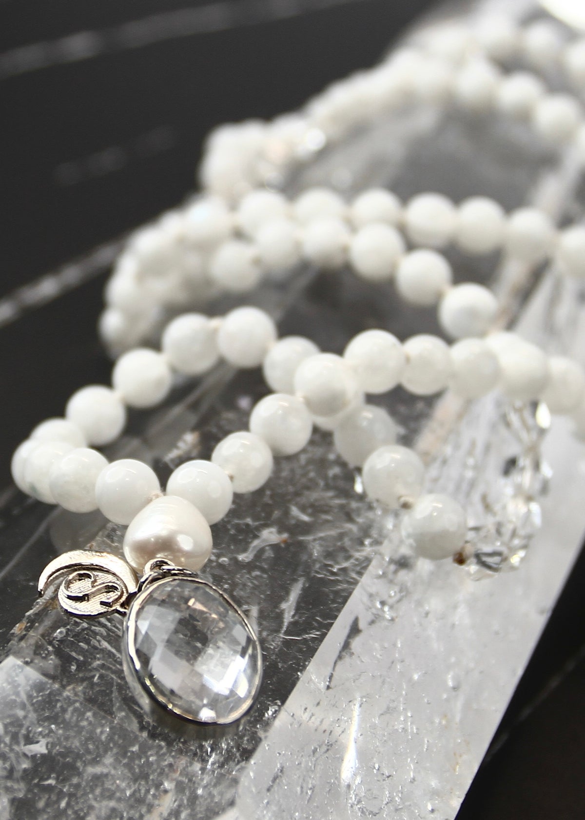 WHITE TARA Mala | with Moonstone, Pearl, Herkimer &amp; Quartz