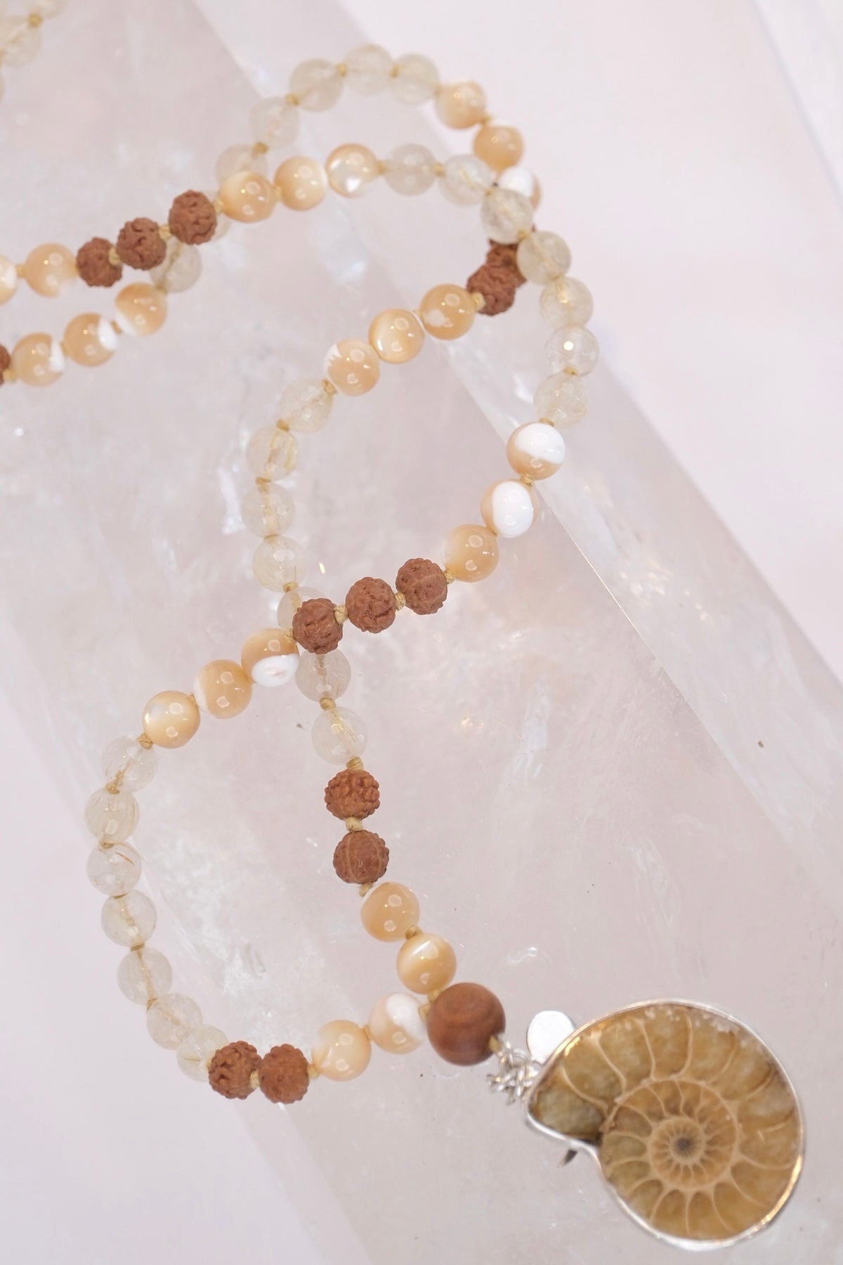 OM Eternal | Ammonite, Honey Mother of Pearl, Gold in Quartz & Rudraksha