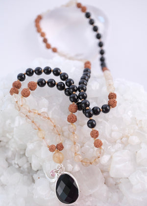 TANTRIKA 'The Energy Workers' Mala | Black Tourmaline & Golden Rutilated Quartz, Rudraksha Mala