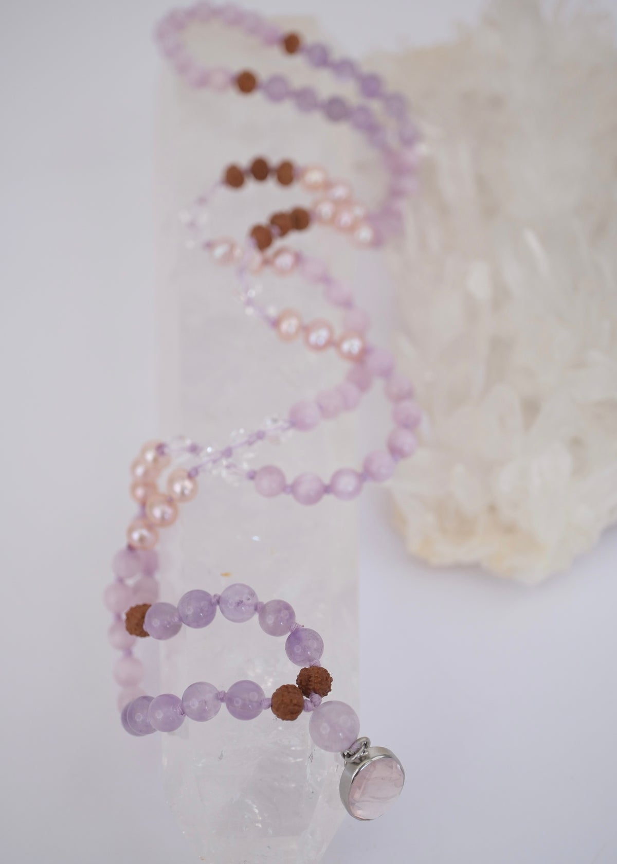 FULL MOON Mala | Pink Akoya Pearl, Kunzite, Lavender Amethyst, Rose Quartz Pendant & Rudraksha