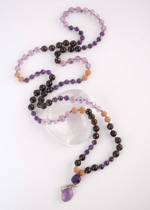 Vira Sadhaka 'Sacred Rebirth for the Spiritual Warrior' Mala | Amethyst, Smoky & Lavender Quartz, Rudraksha