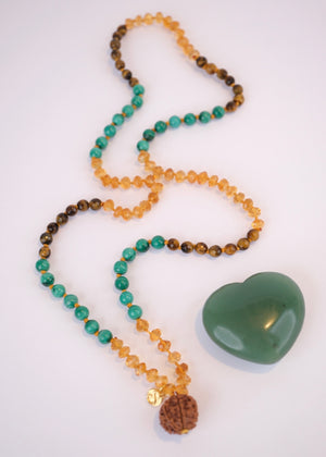 Abundance Mala | 7 Mukhi Rudraksha, rare hand cut finest Citrine, Malachite, Tigers Eye